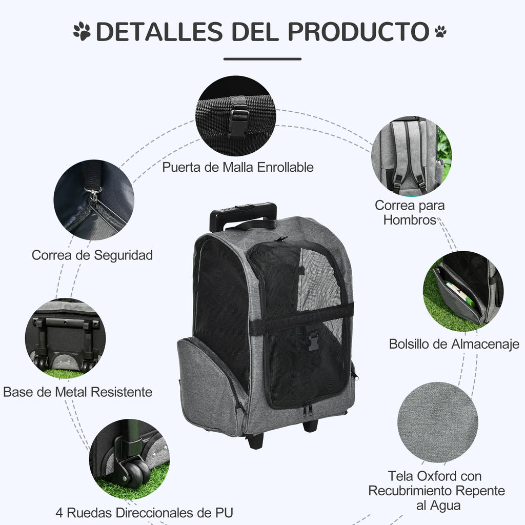 Sac de transport 2-en-1 pour chien et chat avec roulettes – Sac à dos trolley pour petits animaux (jusqu'à 4 kg)
