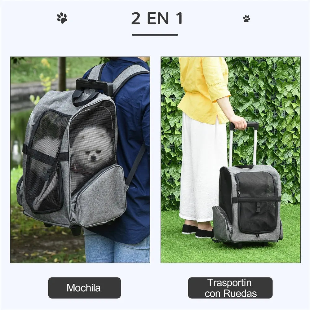 Sac de transport 2-en-1 pour chien et chat avec roulettes – Sac à dos trolley pour petits animaux (jusqu'à 4 kg)