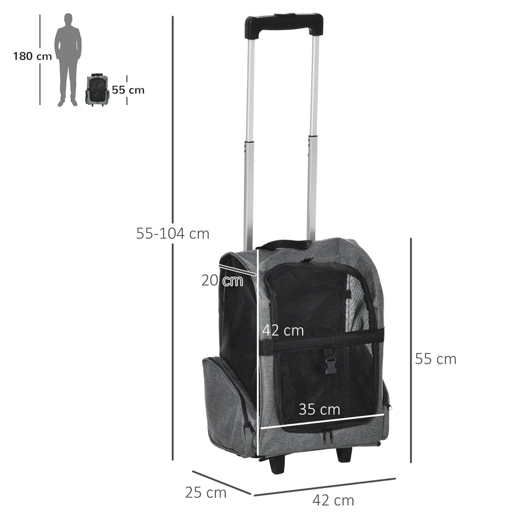 Sac de transport 2-en-1 pour chien et chat avec roulettes – Sac à dos trolley pour petits animaux (jusqu'à 4 kg)